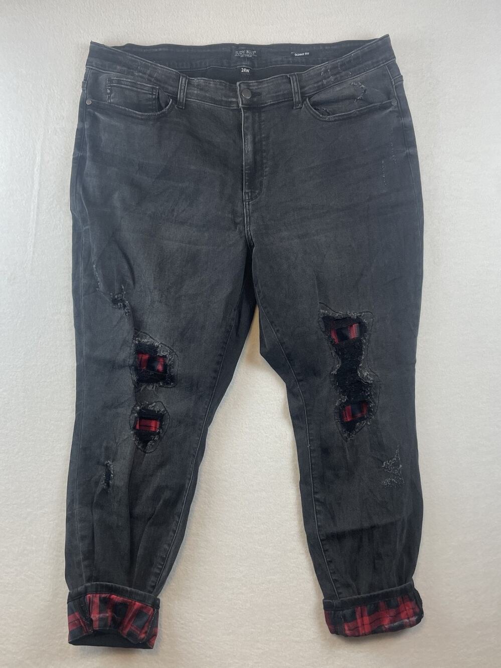 Judy Blue JB82191BK Womens Sz 24W Black Jeans Skinny Buffalo Check Distressed